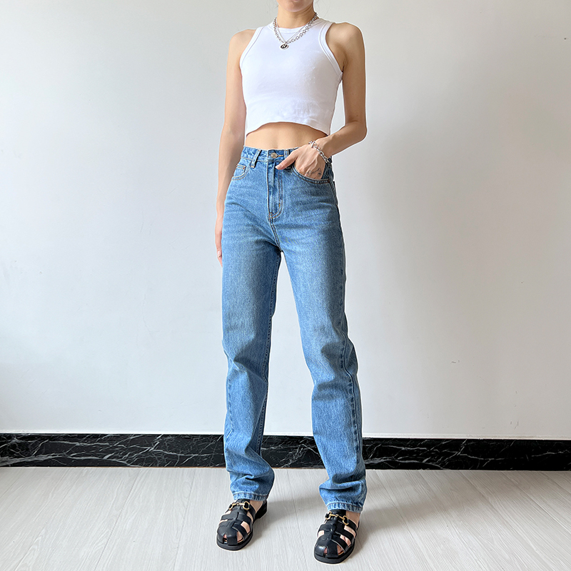 High-Waisted Non-Stretch Straight-Leg Jeans for Women, Autumn Loose Fit, Slimming, Vintage Retro American Style, Stiff Floor-Length Pants