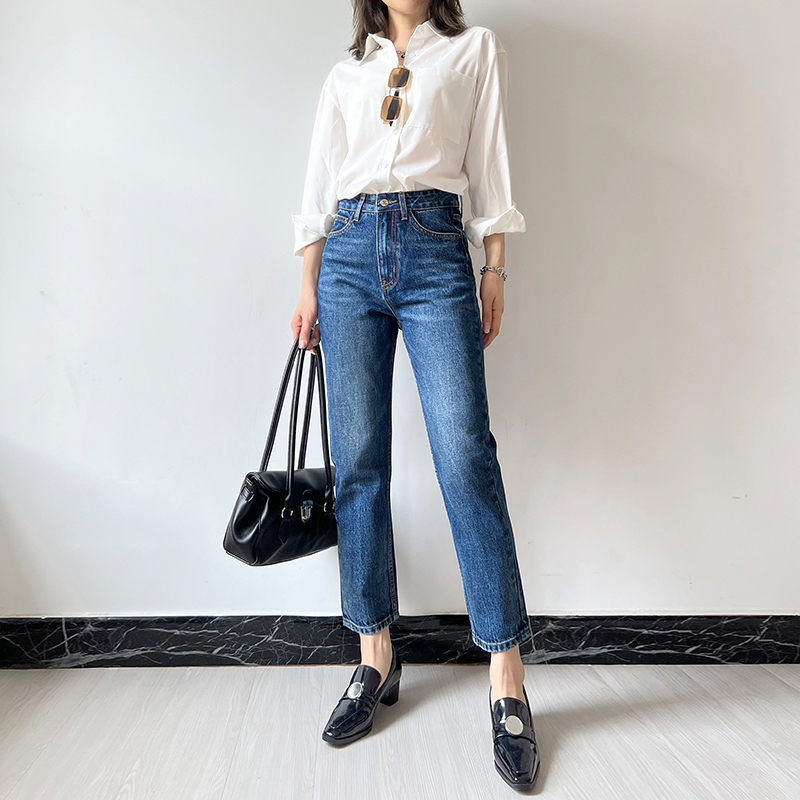 Zuotang High-Waisted Straight-Leg Jeans for Women, Spring and Autumn, Loose Fit, Slimming, Non-Stretch, French-Style Dark Blue Cropped Cigarette Pants Zuotang High-Waisted Straight-Leg Jeans for Women, Spring and Autumn, Loose Fit, Slimming, Non-Stretch, French-Style Dark Blue Cropped Cigarette Pants