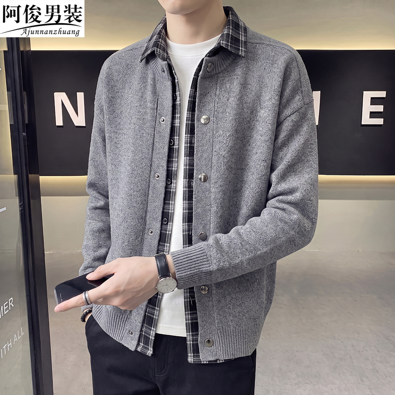 Fake Two-Piece Knitted Cardigan Jacket for Men, Spring and Autumn Lazy Style Casual 2026 New Model, Patchwork Plaid Sweater