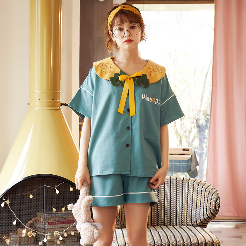 Pajama bông bông bông mùa hè tay áo ngắn hai mảnh thiết cute girl công chúa gió Hàn Quốc phiên bản thường cardigan lỏng nhà quần áo.