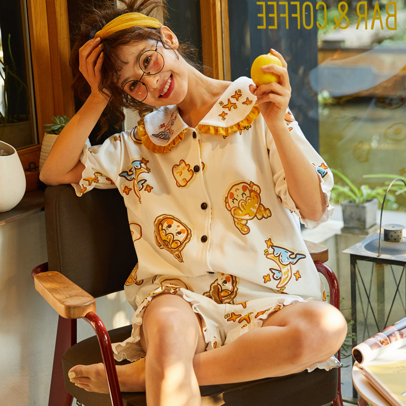 Mùa hè mới ngắn tay womens pajama quần short phim hoạt hình hai mảnh bộ cute girl mỏng thường có thể mặc quần áo về nhà.