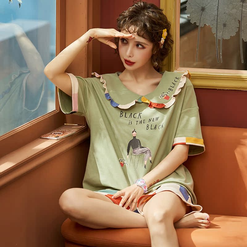 Bộ đồ ngủ womens bông quần short mỏng bộ ngắn tay thời trang Nhật Bản tươi ngọt ngào đáng yêu mùa hè ren nhà quần áo.