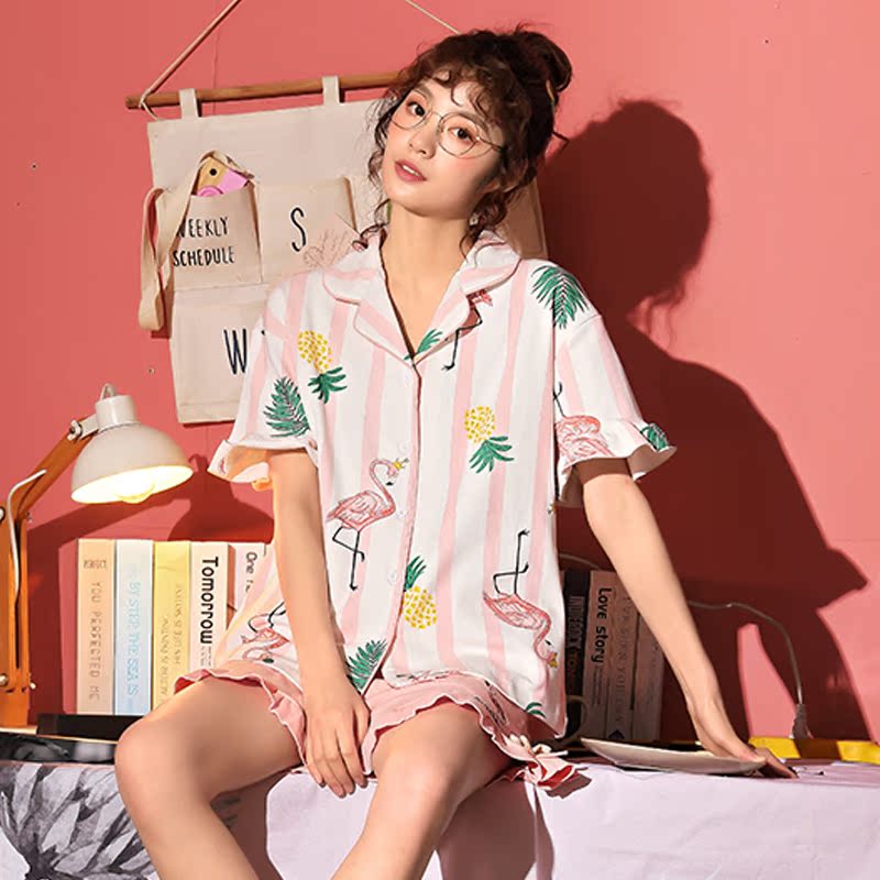 bông quần short pajama phụ nữ mùa hè ngắn tay áo hai mảnh bộ Hàn Quốc phiên bản dễ thương cardigan junior học sinh trung học mỏng có thể mặc quần áo nhà.