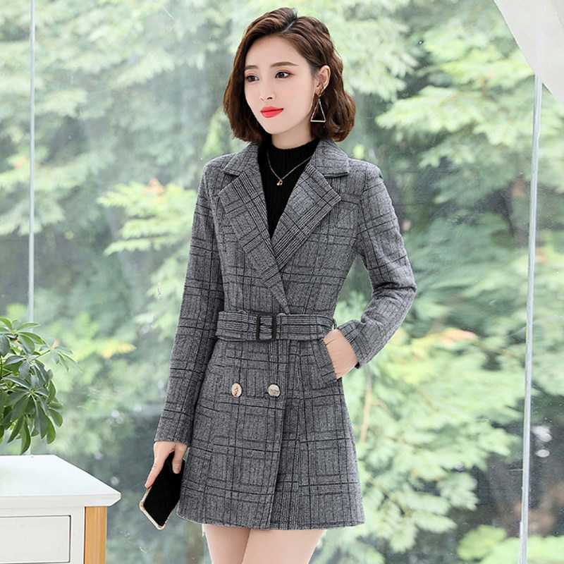Plaid woolen sweater women's spring and autumn new large clothes tide qi and gas in long version of suit collar Daughter Clothing Jacket