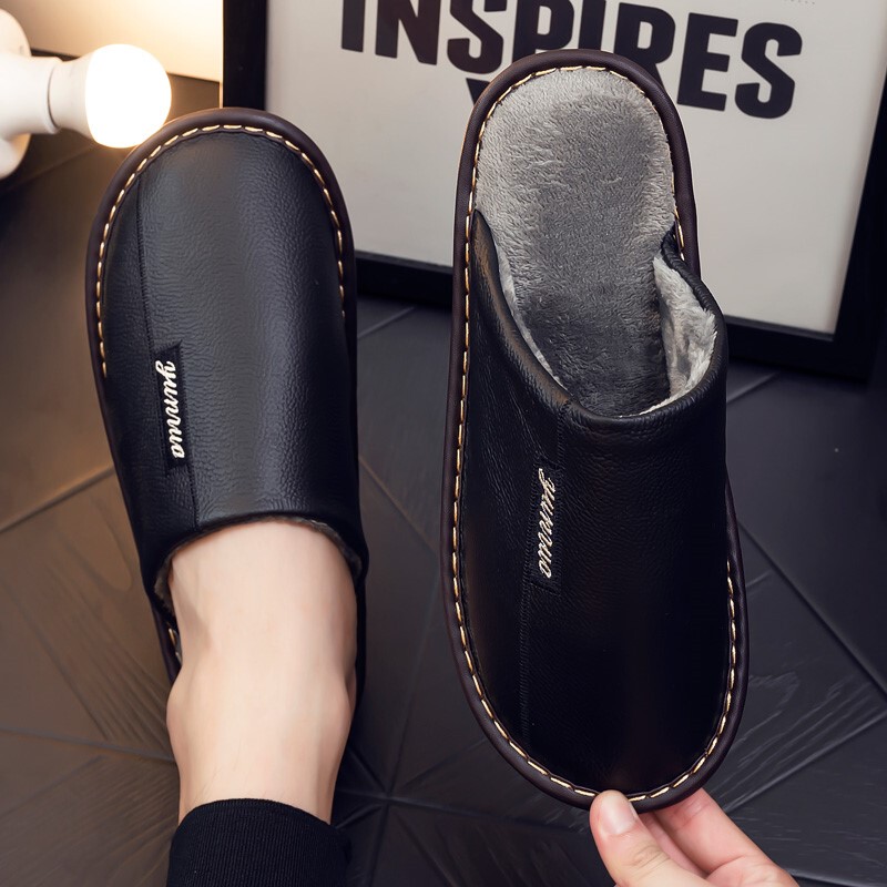 Cowhide Autumn and Winter Cotton Slippers for Men and Women, Thick-Soled Indoor Non-Slip Slippers with Genuine Leather Surface, Waterproof and Warm for Winter~~