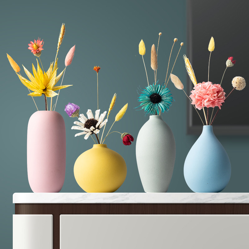 Dry Flower Bouquet Decoration Pendulum Pieces Macaron Vase Ceramic Home Living Room TV Cabinet Natural Flower Arrangement Light Lavish Furnishing-Taobao