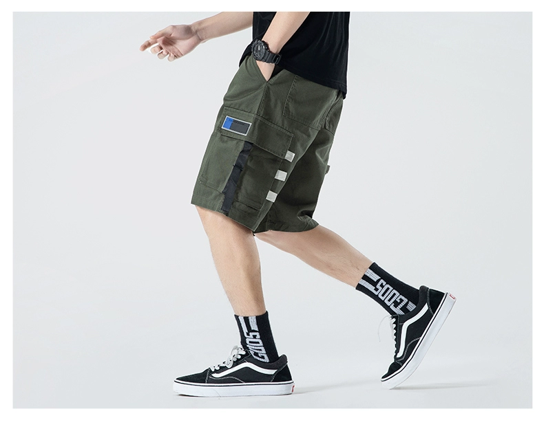 Dunyu ruy băng dụng cụ quần short nam thun eo xu hướng thương hiệu Hồng Kông phong cách Nhật Bản quần năm điểm thường lỏng lẻo - Quần làm việc