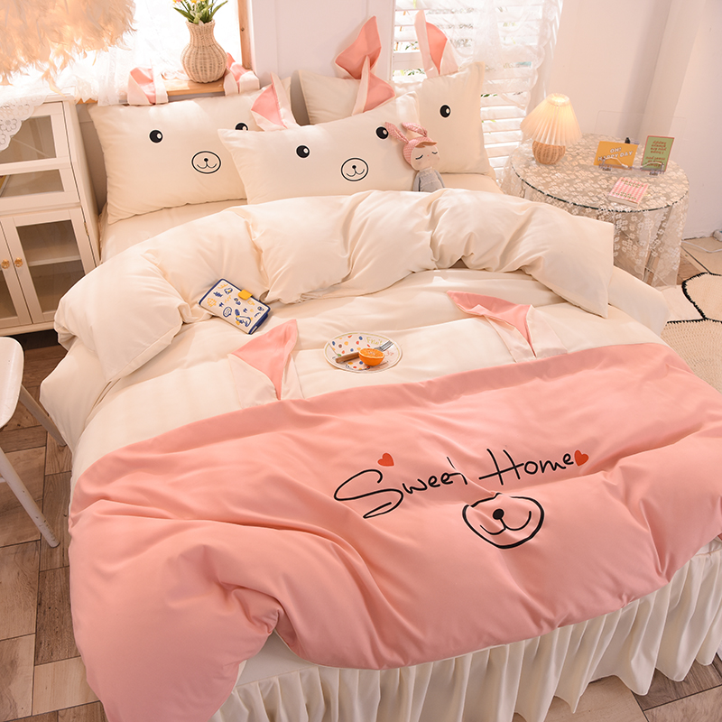 Shake the same cute rabbit rabbit bed skirt four-piece set of simple stitching duvet cover skin-friendly grinding cotton cotton three-piece type