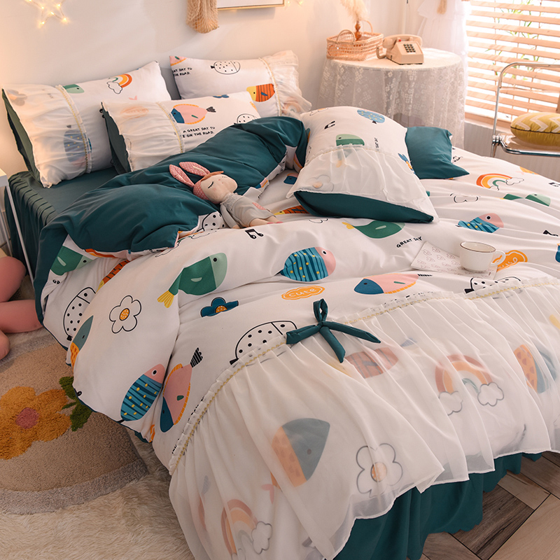 Net red Korean version of the lace bed skirt four-piece set of teenage princess wind bed grinding skin-friendly cotton sheets three pieces of duvet cover