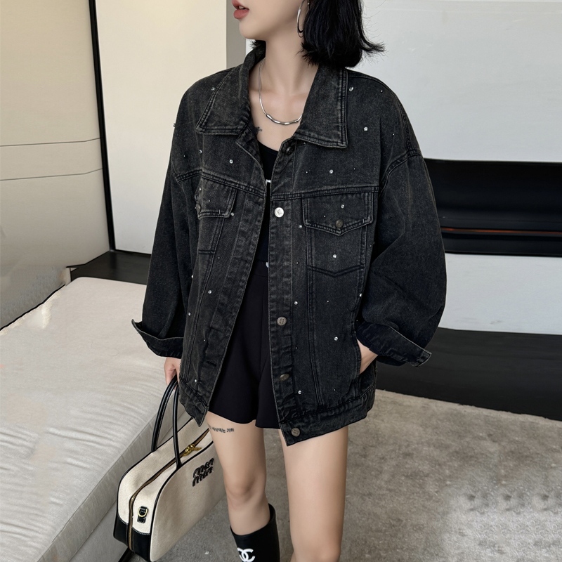 European-Style High-End Black Denim Jacket for Women, Spring and Autumn 2026 New Model, Studded Rhinestone Jacket, Mid-Length Loose Top