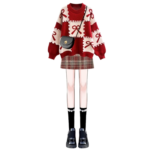 Красный трикотажный свитер, демисезонный комплект, милая мини-юбка, в стиле Шанель, 2023