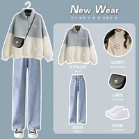 Толстовка, синие джинсовые джинсы, осенний комплект, яркий броский стиль