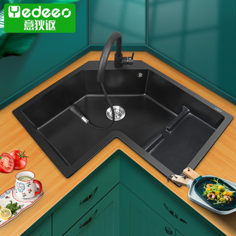 Ideon Corner Sink 9780SY Kitchen Wash Basin L Type Corner Shaped Pool Quartz Stone Large Single Tank Pre.