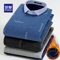 Romong plus velvet thickened mens warm shirt sweater fake two-piece winter pullover sweater long-sleeved casual shirt