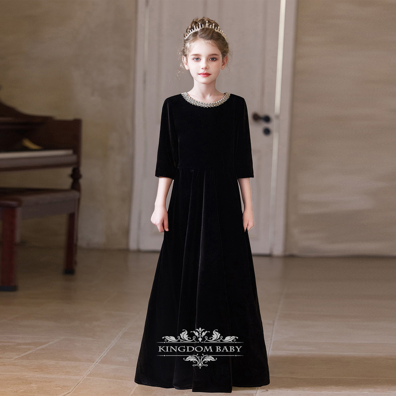 Girls' Black Velvet Mid-Sleeve Dress for Older Children, Suitable for Orchestra, Choir, Piano Performance, Children's Dress for Autumn, New Hostess Dress