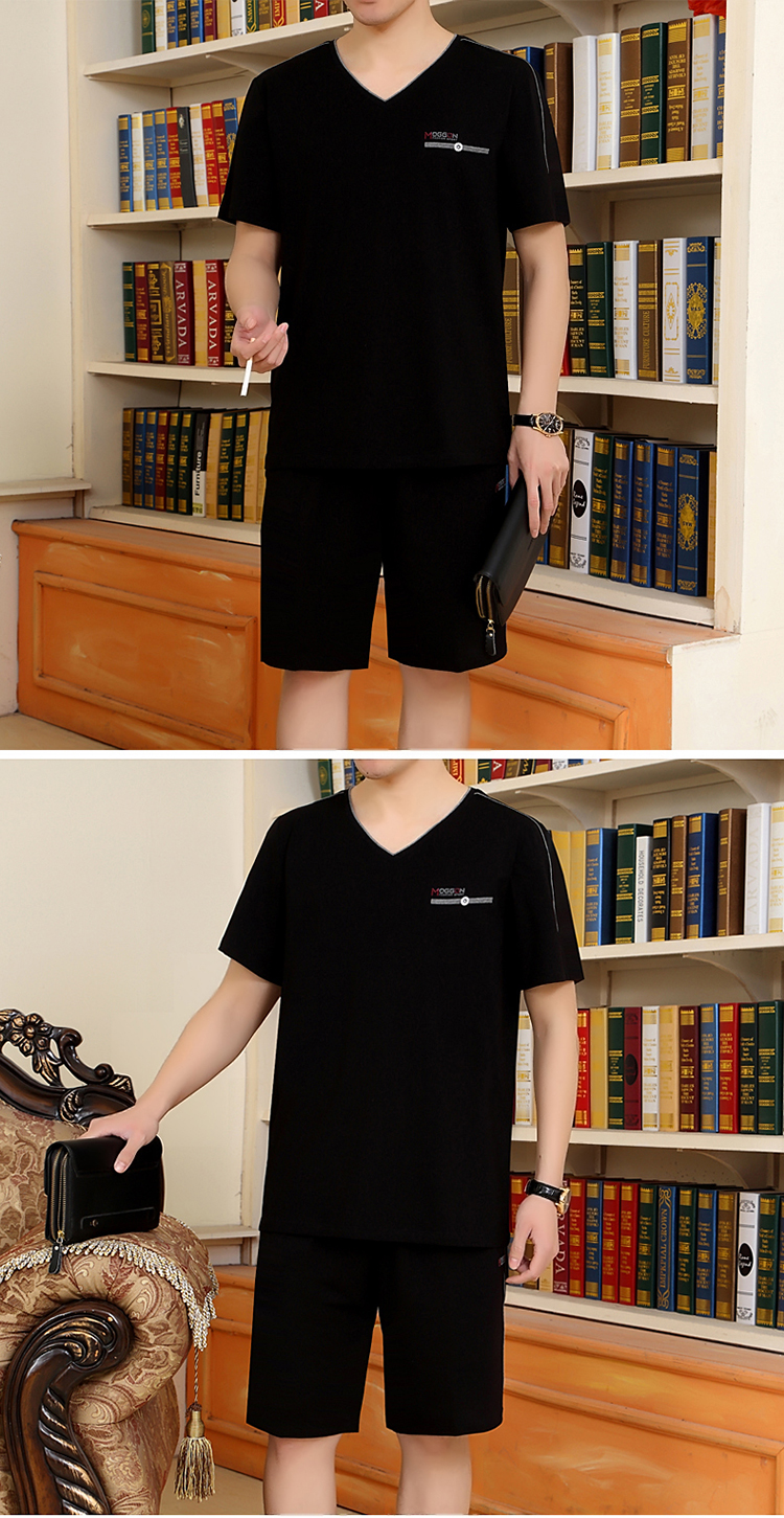 Quần thể thao nam giản dị mùa hè quần short tay ngắn cổ chữ V nam trung niên cỡ lớn cotton bố cha phù hợp với mùa hè - Bộ đồ quần thể dục