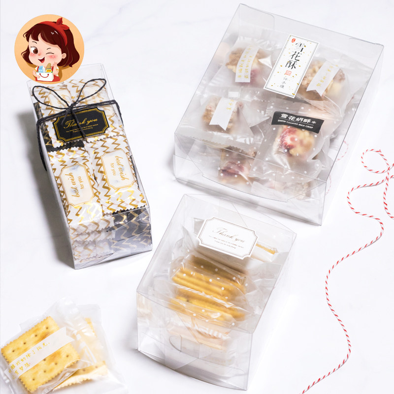 Artisanal Diy Bull Rolling Sugar Snowflake Crisp Dry Outer Packaging Box Paper Stickers Plastic Transparent Box Packing Bag Baking