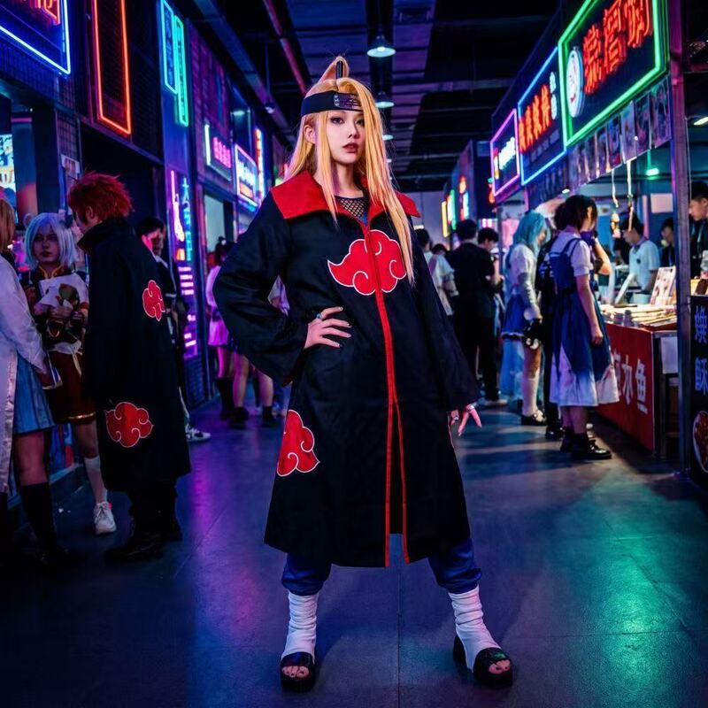 Naruto Deidara Cosplay Costume Akatsuki Organization Red Cloud Robe Cape Wig Inner Shirt Pants Full Set Outfit