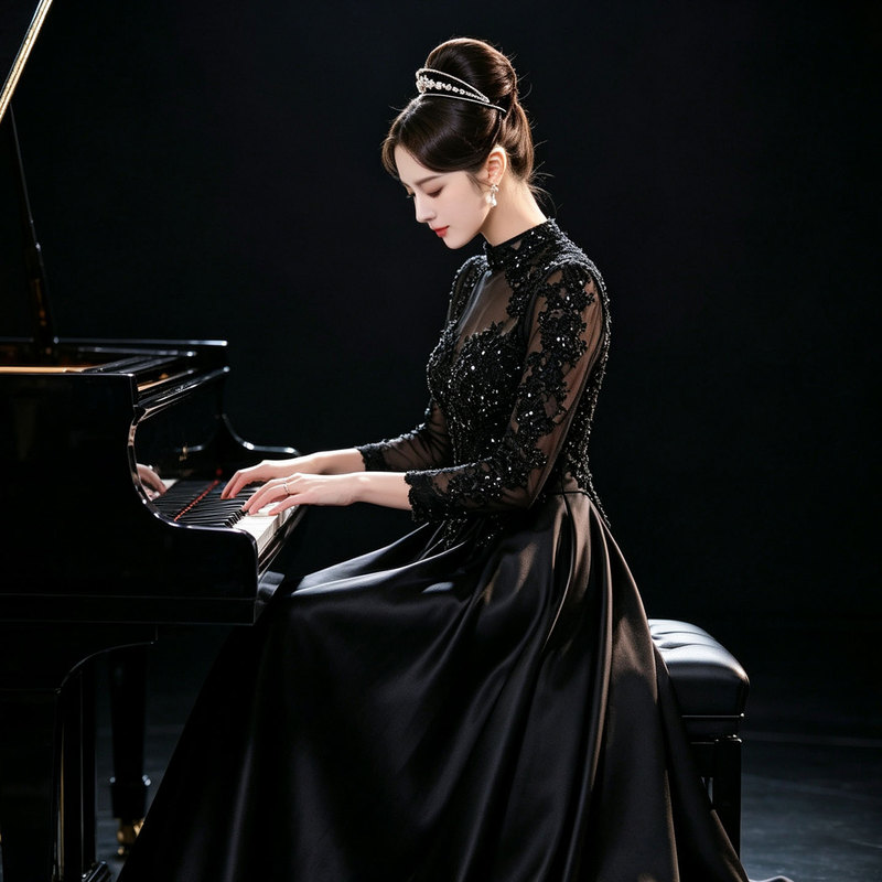 New Elegant Black Vocal Performance Dress with High Collar, Light Luxury Piano Performance Gown for Solo Performance, Student Evening Party