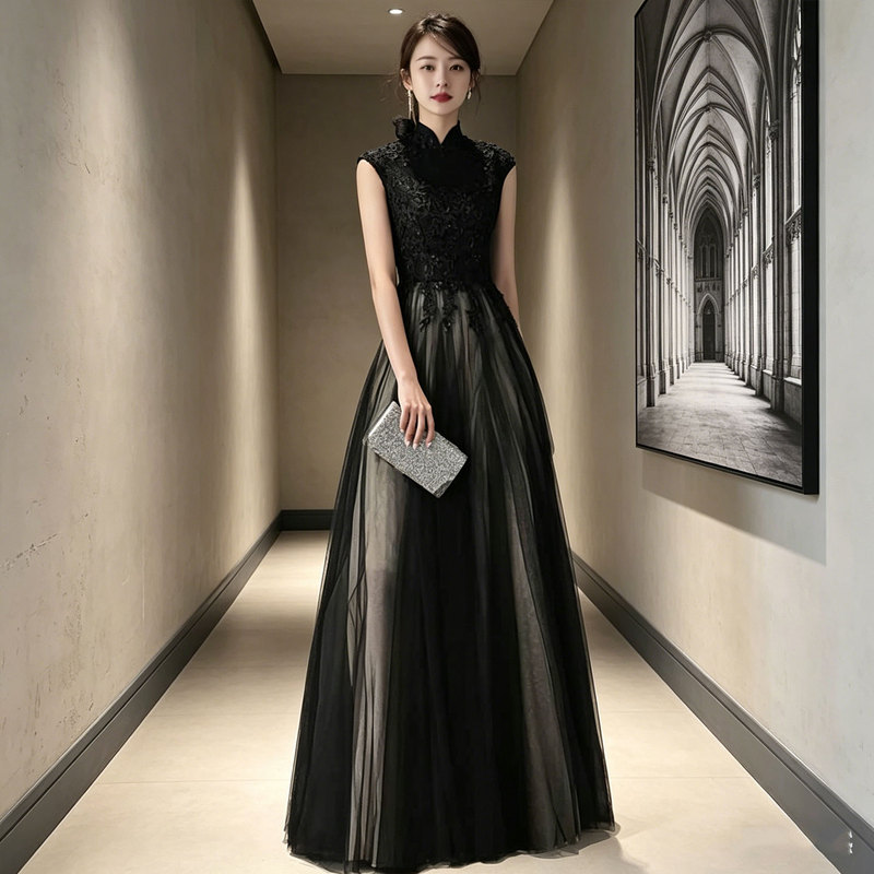 New Black Annual Meeting Stand-Up Collar Sleeveless Evening Dress Piano Performance Women's Banquet Slim-Fit Host Long Dress Vocal Performance New Black Annual Meeting Stand-Up Collar Sleeveless Evening Dress Piano Performance Women's Banquet Slim-Fit Host Long Dress Vocal Performance