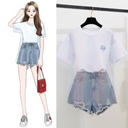 Thời trang sinh viên denim hai mảnh hè bộ của phụ nữ mới sợi lưới lỏng lẻo cotton T-shirt và hiển thị sequin mỏng quần short rộng chân