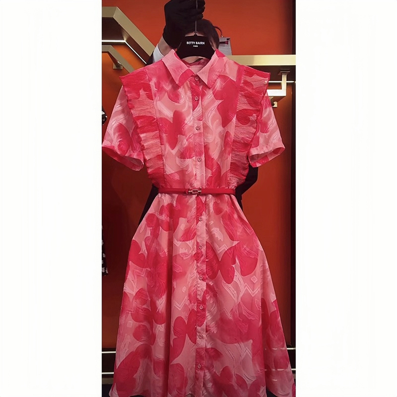 French-Style High-End, Luxurious, Elegant, and Sophisticated Red Floral Print Shirt Dress for Women, New Summer Model