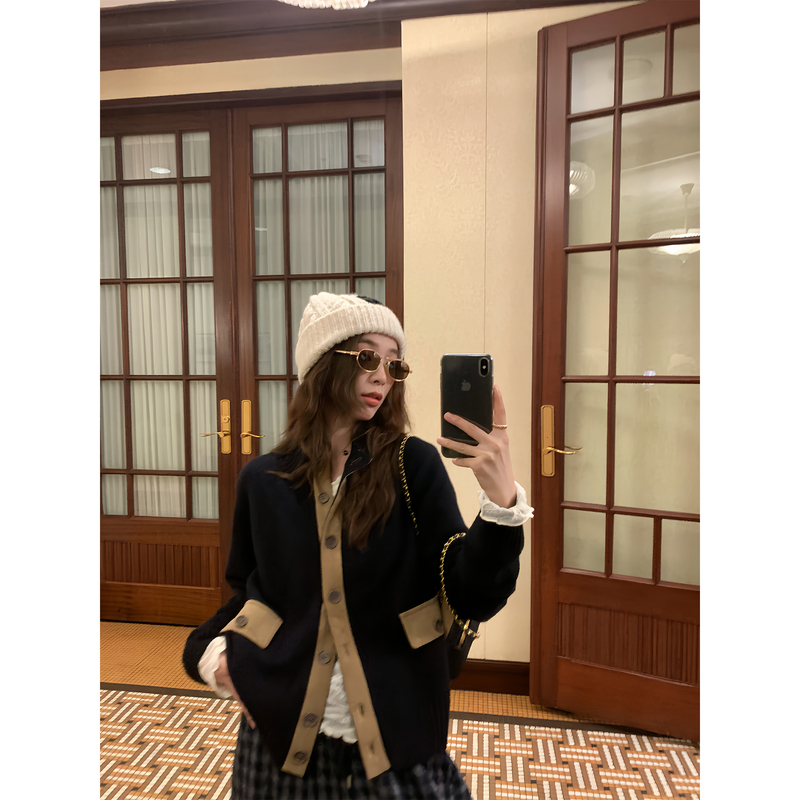 Exclusive for Top Students! Old Money Style, Unique Patchwork Color-Blocked Stand-Up Collar, All-Wool Coat, Sweater Cardigan