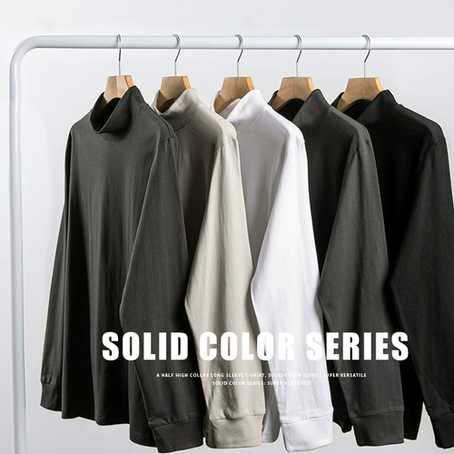 Демисезонный базовый японский ретро хлопковый лонгслив, хлопковая футболка, высокий воротник, оверсайз