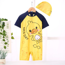 Childrens swimsuit duck baby baby swimming suit small boy swimming trunks one-piece swimsuit with hat long sleeve sunscreen