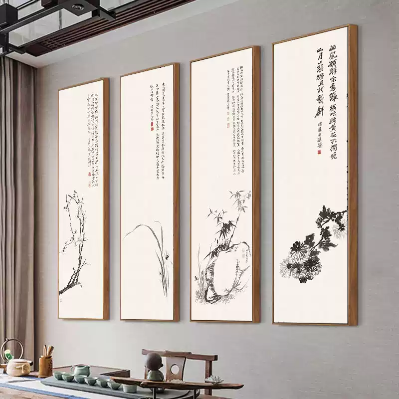 齐白石水墨客厅装饰画四联壁画茶室中国风酒店走廊水墨虾禅意挂画