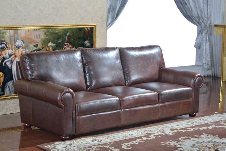 Nordic oil wax leather sofa retro old cracked leather sofa living room villa three-person home sofa