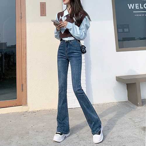 Весенние осенние джинсы, штаны, эластичные штаны-клёш, высокая талия, по фигуре, в обтяжку