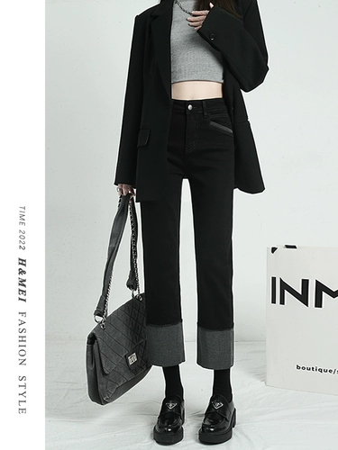 Черные флисовые демисезонные джинсы с начесом, штаны, свободный прямой крой, высокая талия