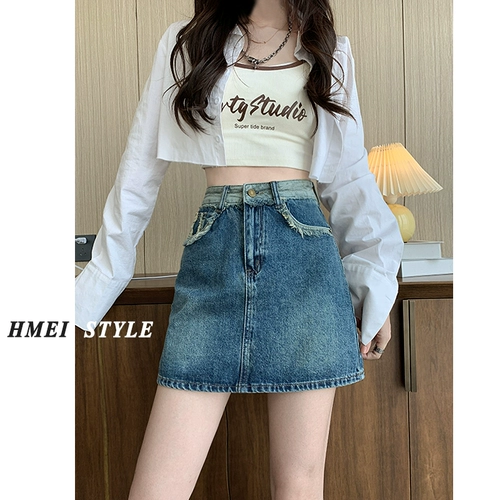 Ретро летняя джинсовая юбка, дизайнерская мини-юбка, защитное белье, высокая талия, тренд сезона, А-силуэт