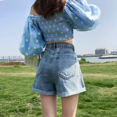 High-waisted denim shorts women's summer 2021 New Yayfeng loose curl a character thin Joker hot pants tide ins