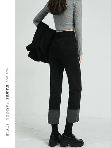 Черные флисовые демисезонные джинсы с начесом, штаны, свободный прямой крой, высокая талия