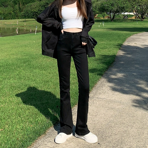 Черные флисовые весенние джинсы, штаны, приталенные штаны-клёш, коллекция 2023, высокая талия, облегающий крой, подходит для подростков