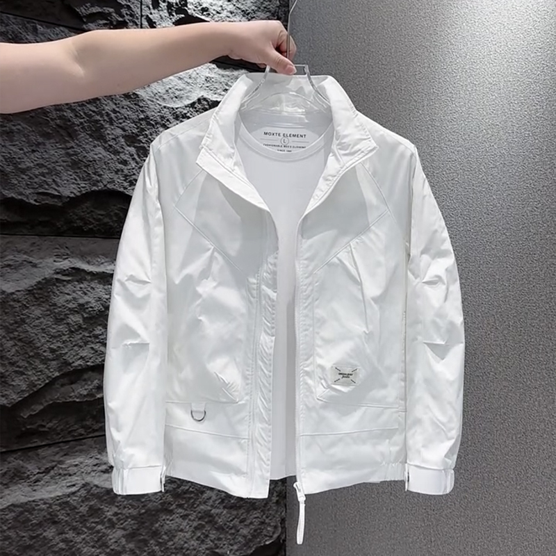 Trendy Brand Jacket for Men, Spring and Autumn, American High Street Style, Slim Fit, Stand Collar, White Coat, Solid Color, Simple and Fashionable Windbreaker Trendy Brand Jacket for Men, Spring and Autumn, American High Street Style, Slim Fit, Stand Collar, White Coat, Solid Color, Simple and Fashionable Windbreaker