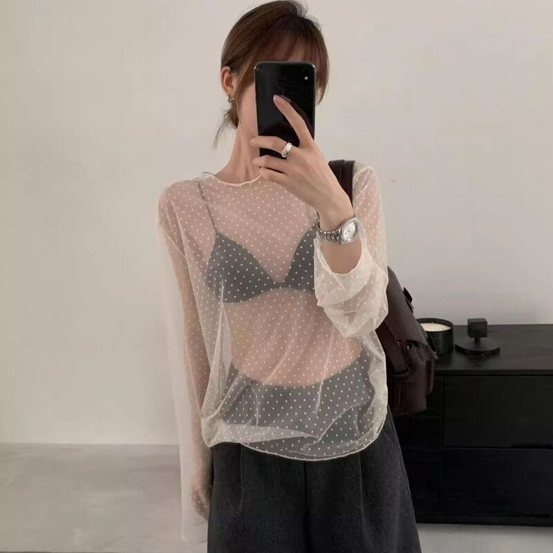 Plus-Size Hot Girl Pure Desire Style Thin Polka Dot Long-Sleeve Lace Top for Women, Niche Age-Reducing Hollow Layered See-Through Top