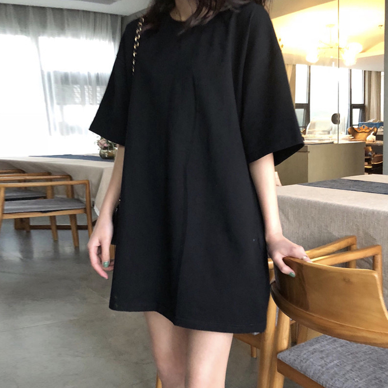 Long-Sleeve Oversized Pure Cotton Black Regular Shoulder T-Shirt for Women, Summer Loose Casual Top That Covers the Hips