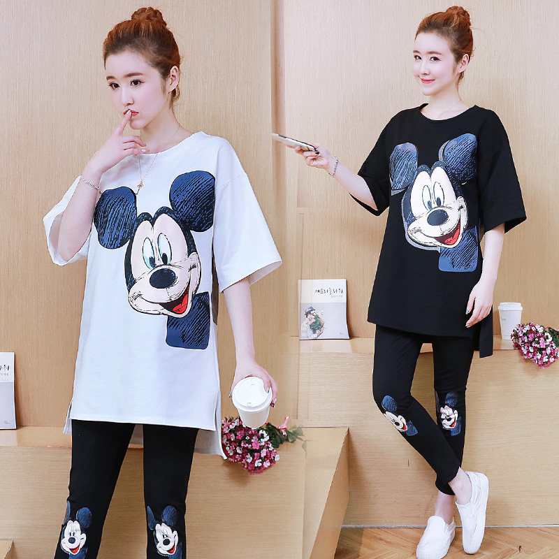 孕妇夏装2018时尚款春夏新款孕妇套装短袖t恤上衣宽松纯棉两件套