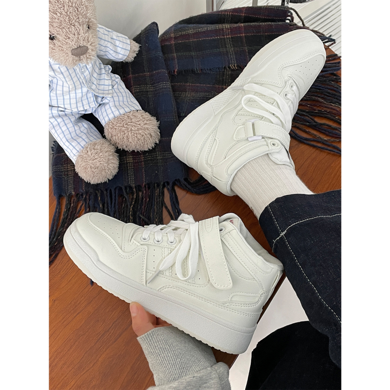 High-Top Women's Sneakers for Spring and Autumn 2025 New Thick-Soled White Shoes with Velcro, Versatile Board Shoes
