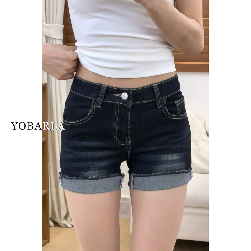 Dark Blue Denim Shorts for Women, Summer Thin Style, Plus Size, Slimming for Pear-Shaped Body, Elastic High-Waisted A-Line Hot Pants
