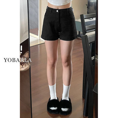 Black high-waisted denim shorts for women's summer, thin, plus-size, plump girls to hide their bellies and look slimmer, elastic pear-shaped figure A-line hot pants
