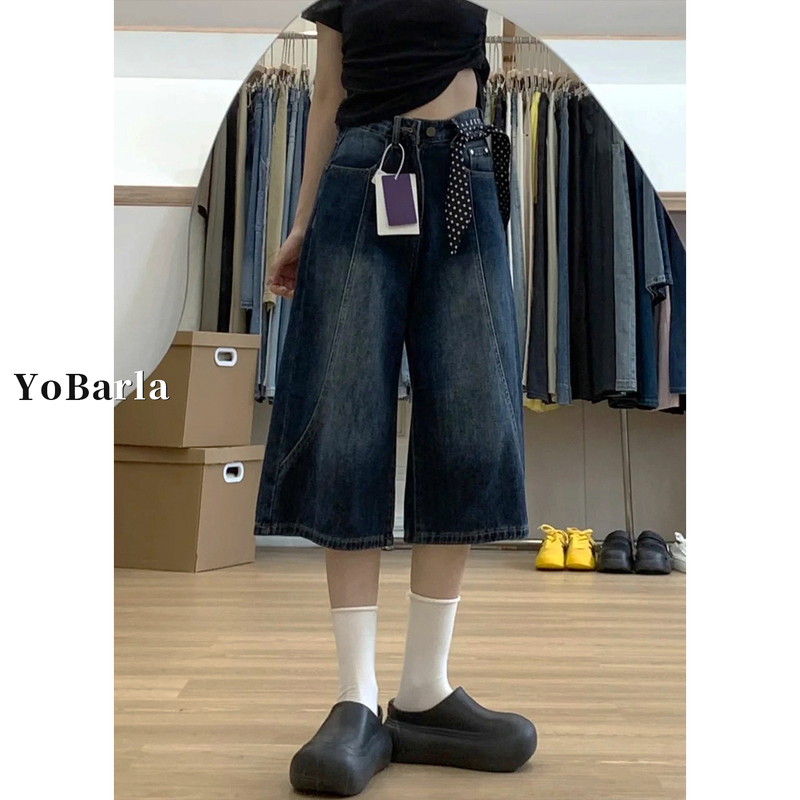 American Retro Straight-Leg Denim Capri Pants for Women, New Summer Style, Plus Size, Pear-Shaped Body, Slimming, Loose Wide-Leg Pants