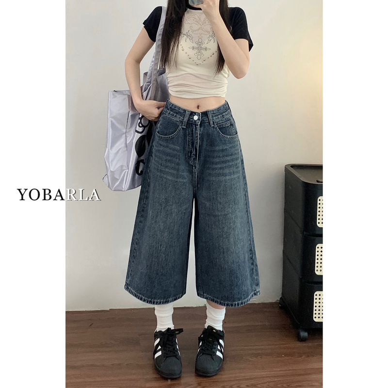 Vintage Wide-Leg Denim Capri Pants for Women, New Summer Style, Pear-Shaped Body, Plus Size, Loose, Slimming, Straight-Leg Pants