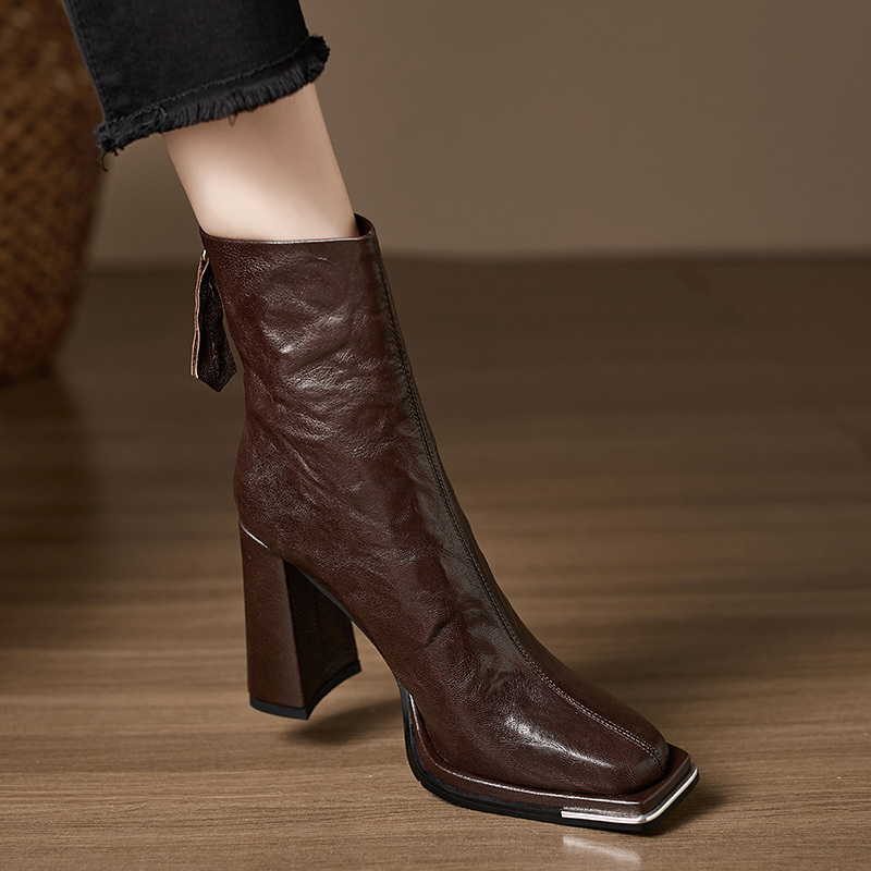Xiu Yue Fleece-Lined Boots ~ 10cm Thick Heel Short Boots for Women, Sheepskin Square Toe High Heel Fashion Boots, Brown Iron-Toe Martin Boots