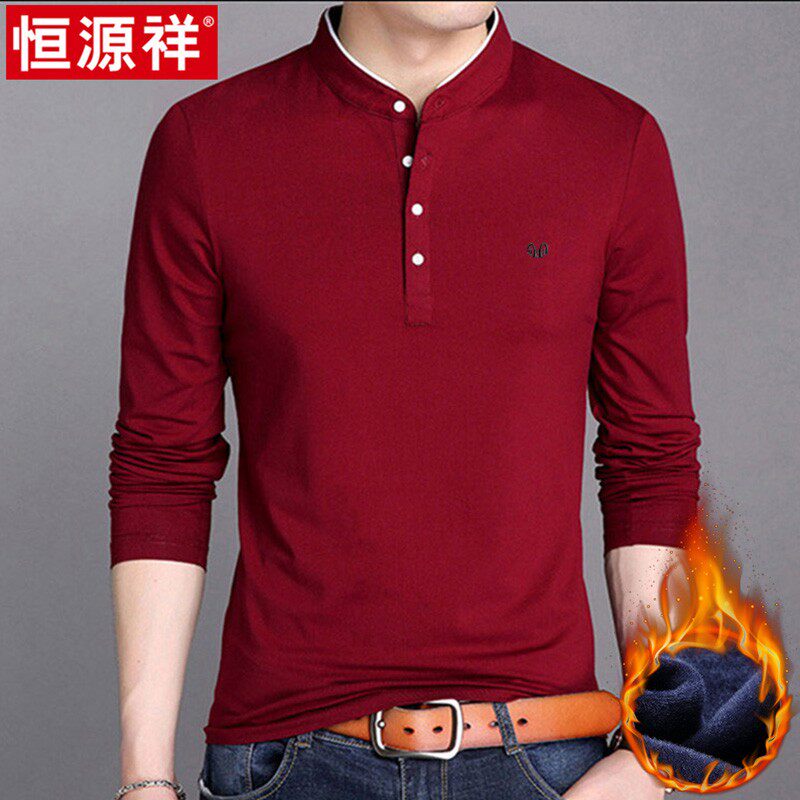 Hengyuanxiang autumn and winter clothing new men's plus velvet thick cotton stand-up collar long-sleeved T-shirt polo shirt bottoming shirt
