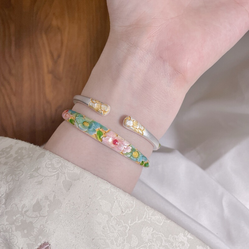 Zhou Huanfu 999.9 Pure Silver Gold-Plated Enamel Peony Flower Open Bracelet, Chinese Style, Exquisite and Versatile, Gift for Girlfriend