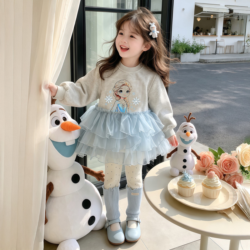 Girls' Autumn Elsa Princess Sweatshirt Set 2026 New Children's Elsa Leggings Mesh Patchwork Skirt
